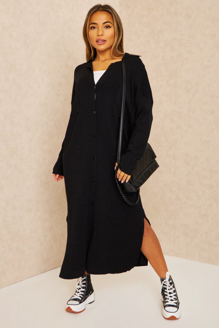 Robe chemise longue côtelée noire ample