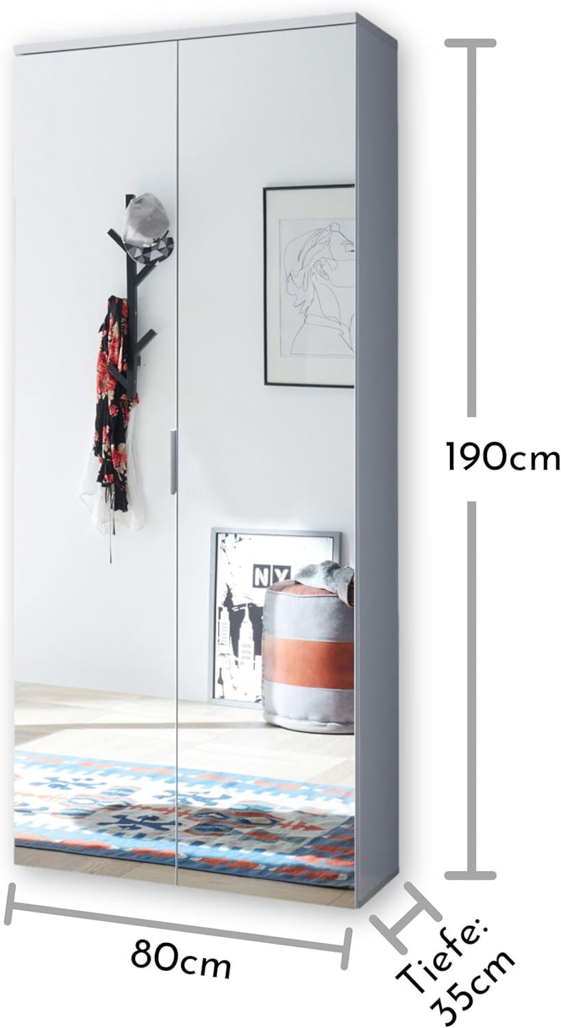 LINCOLN Schuhschrank hoch mit Spiegeltüren, Weiß - Vielseitiger Mehrzweckschrank mit 11 verstellbaren Einlegeböden - 80 x 190 x 35 cm (B/H/T)