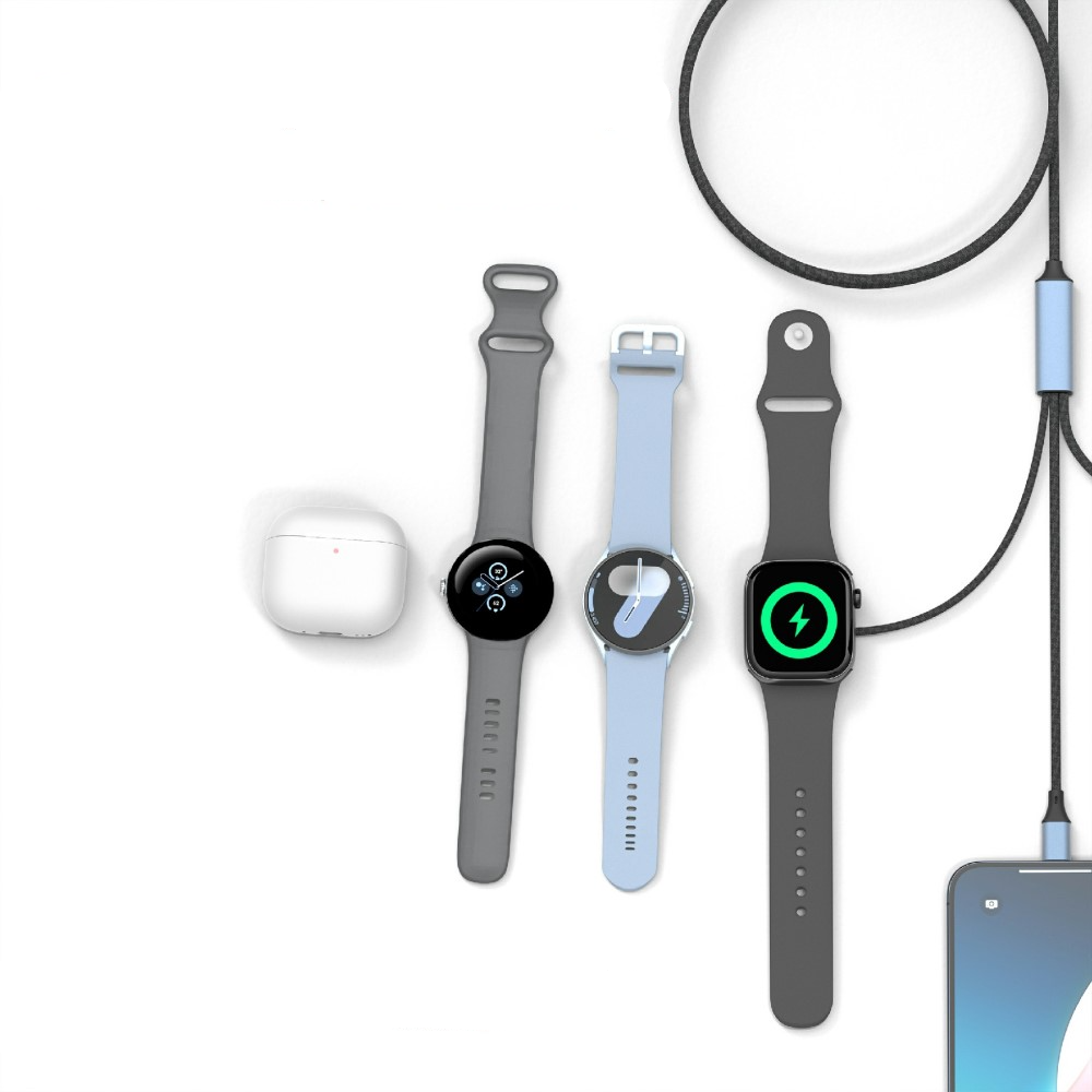 (1m) 100W 3in1 USB C / USB A auf 2 x USB C / Apple Watch Magnetisches Ladekabel Nylon Datenkabel - Blau