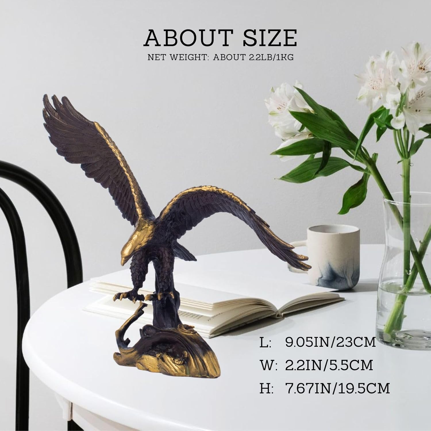 Bronze Adler Skulptur – 20 cm Adler Statue in Schwarz & Gold mit ausgebreiteten Flügeln, Bronze Tierfigur für Zuhause oder Büro Dekoration, Symbol der Freiheit, Geschenk für Männer