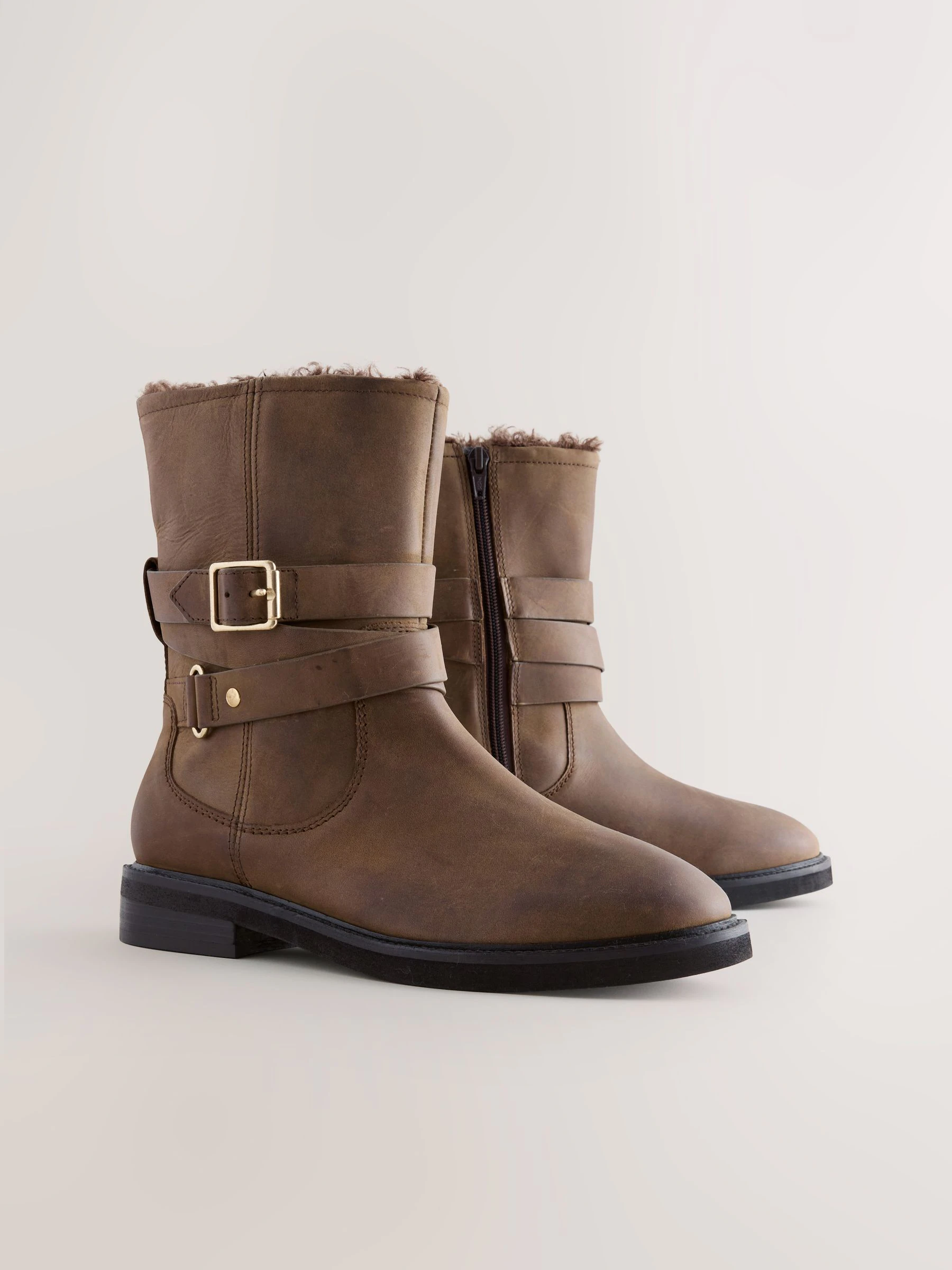 Chestnut Brown Oiled Leather - Forever Comfort® Borg Lined Buckle Trim Ankle Boots