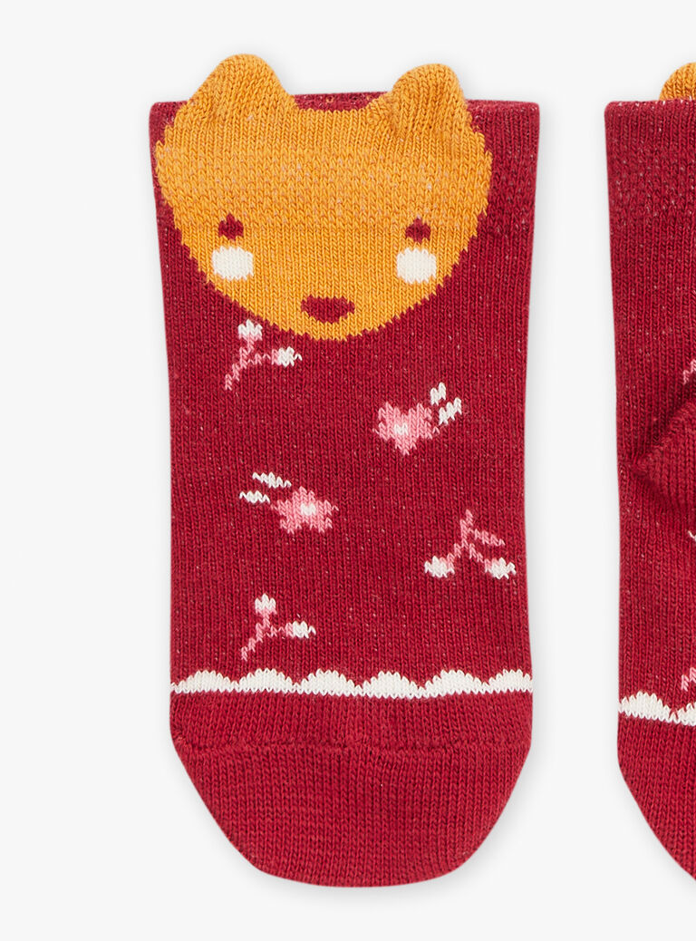 Chaussettes rouge foncé à motifs fleuris et tête d'animal