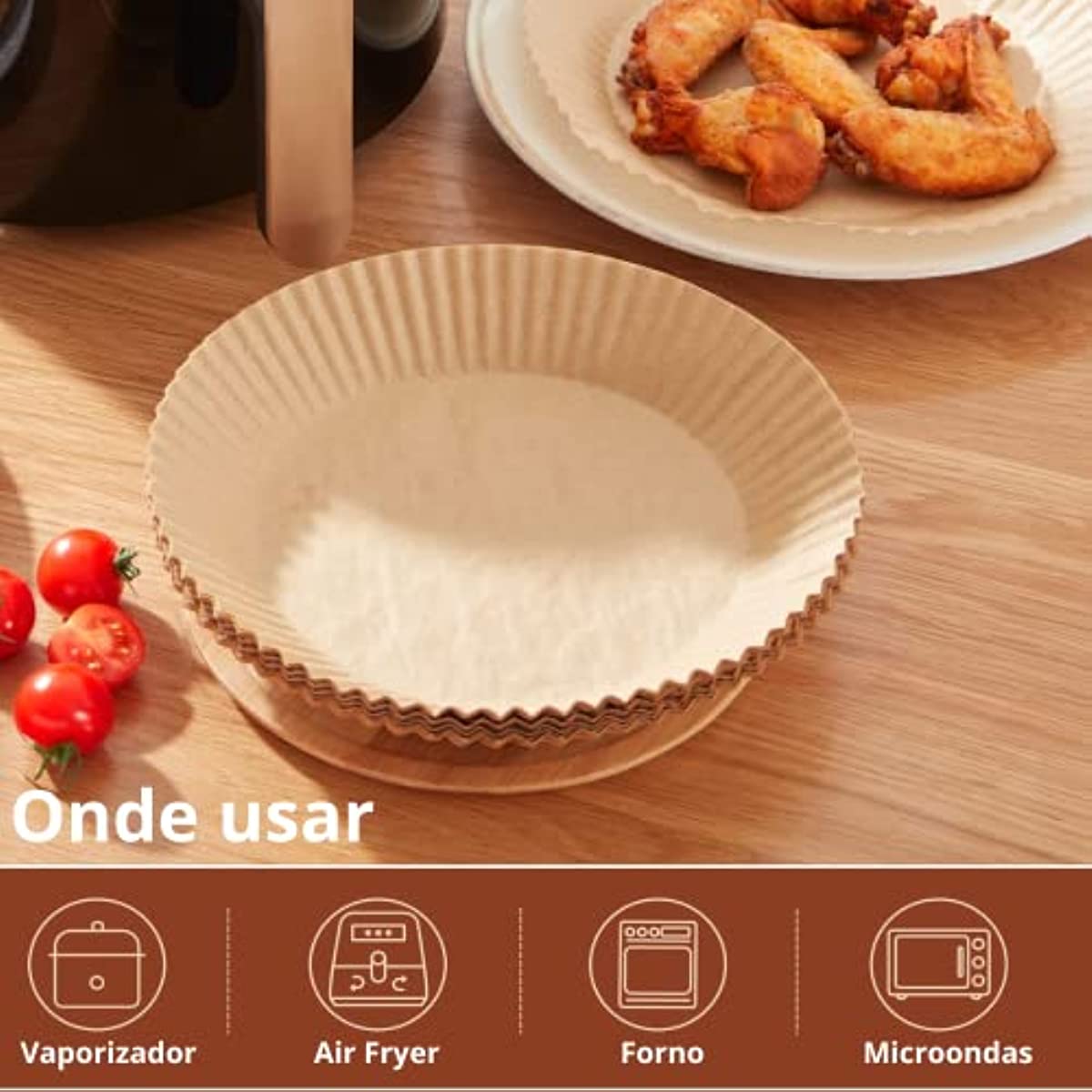 Kit com 100 unidades de papel descart&aacute;vel antiaderente para Air Fryer