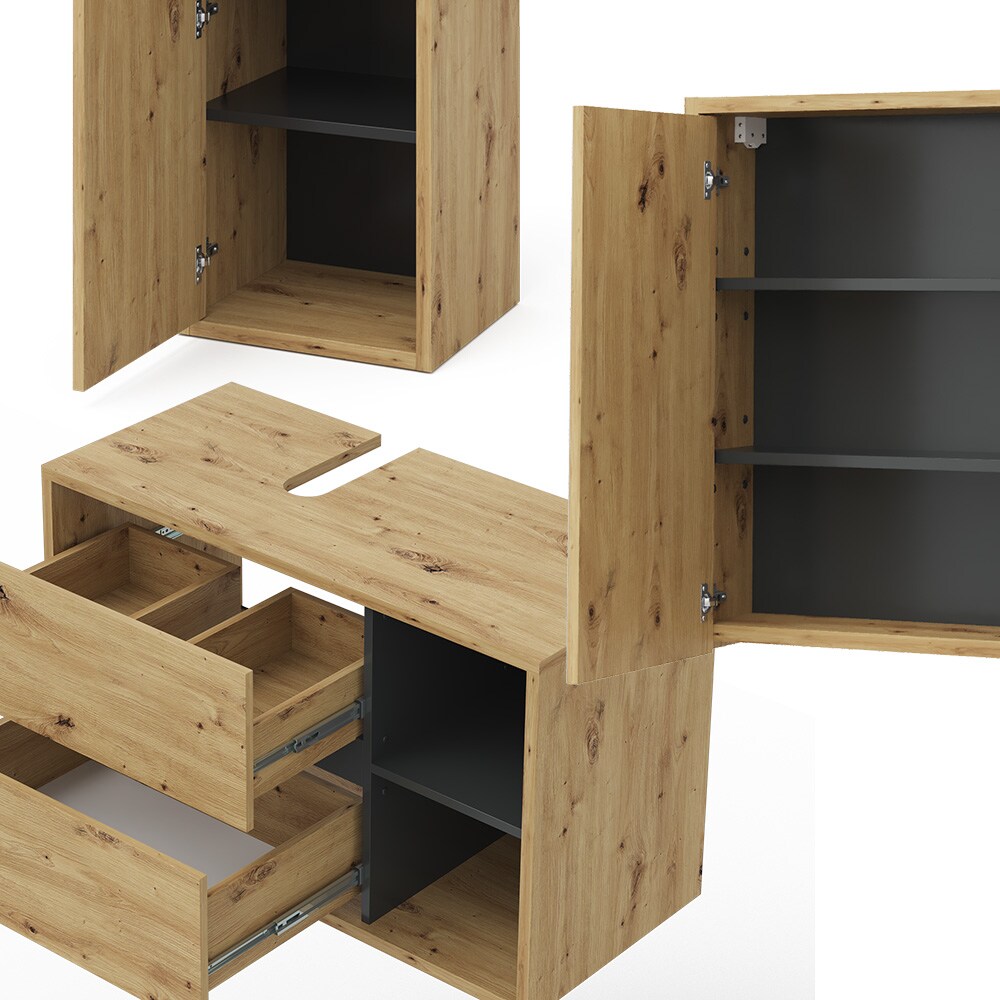 Vicco Badmöbelset Viola Eiche Anthrazit modern Badezimmerschrank Badschrank Badezimmermöbel Waschtischunterschrank Spiegelschrank Midischrank Schranktür Schrankfach Ablage Aufbewahrung