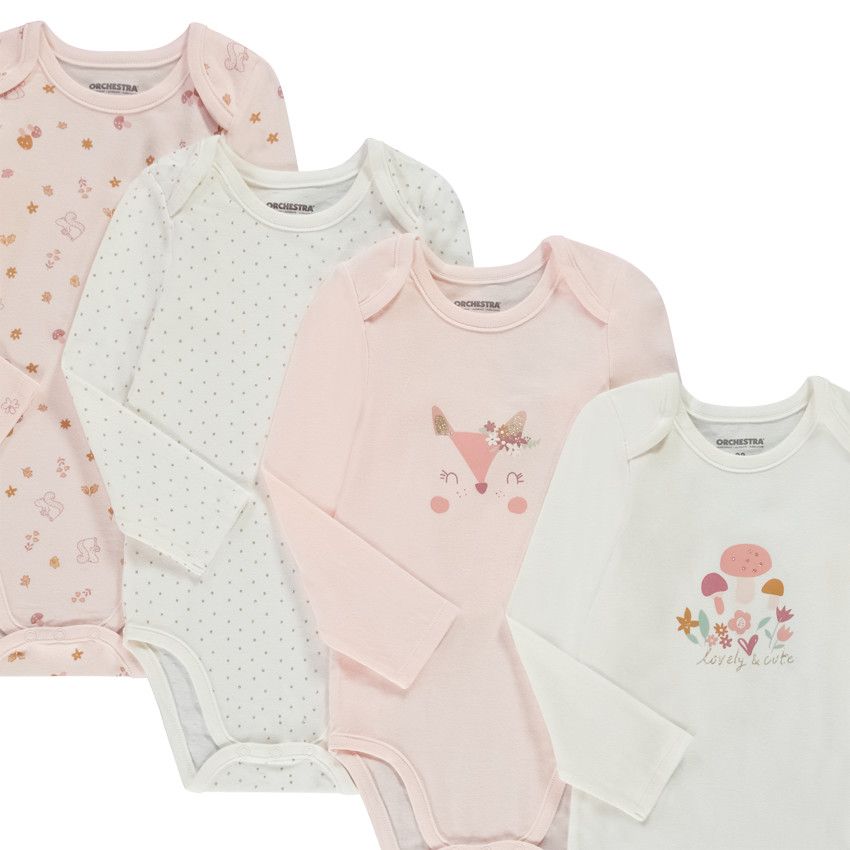 Lot de 7 bodies manches longues forêt pour bébé fille avec ouvertures différentes selon l'âge - Ecru