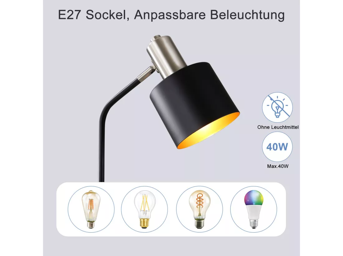 NETTLIFE Lampe de Chevet Vintage Câble E27 Noir Or Lampe de Bureau Lampe de Lecture Pivotante