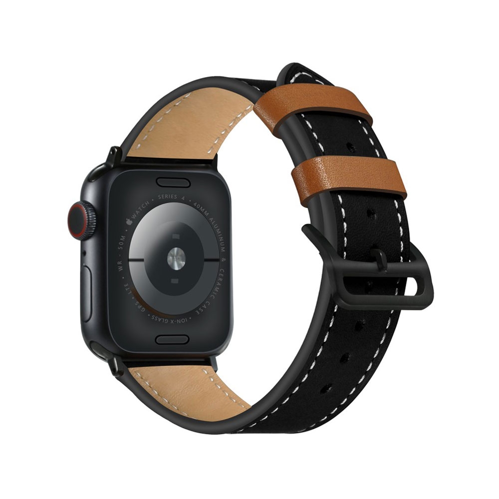 Apple Watch (49/46/45/44 mm) Echtleder Ersatz Armband mit Dornschliesse (Gelenkumfang 180-225 mm) - Schwarz