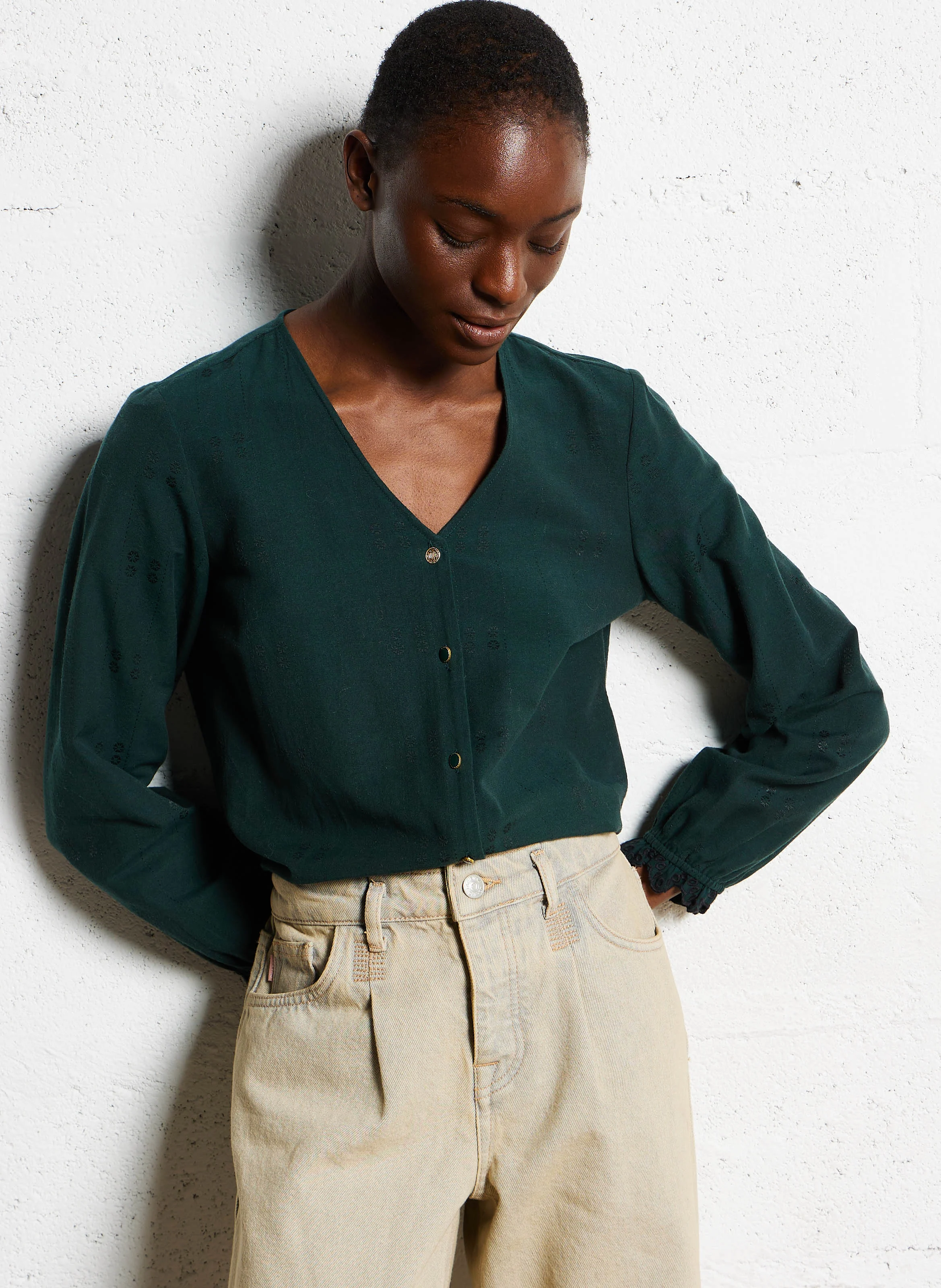 Chemise droite col V en coton mélangé | Vert