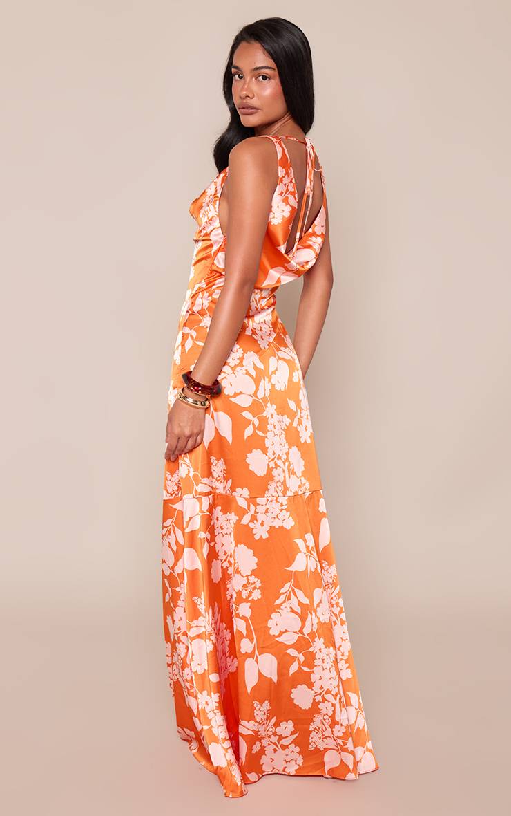 Orange Robe Maxi Sans Manches Imprimée À Col Bénitier