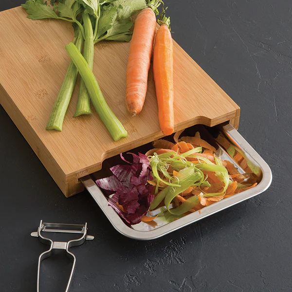 Planche à découper bambou 34 cm avec bac amovible inox Mathon