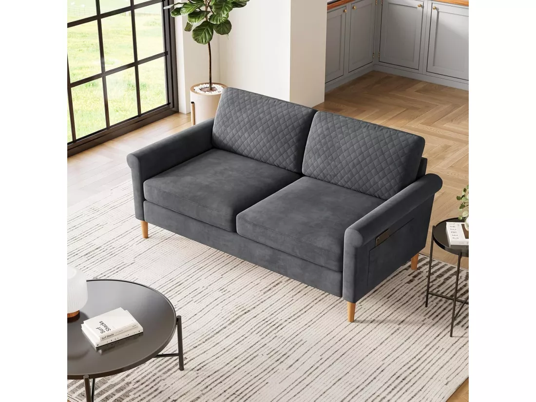 Canapé 2 places confort assise profonde en velours, pieds en bois, 164x76x85cm, Gris