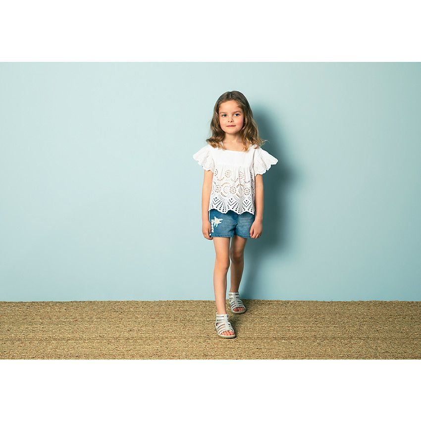 Top court en voile de coton et broderie anglaise pour fille - Blanc
