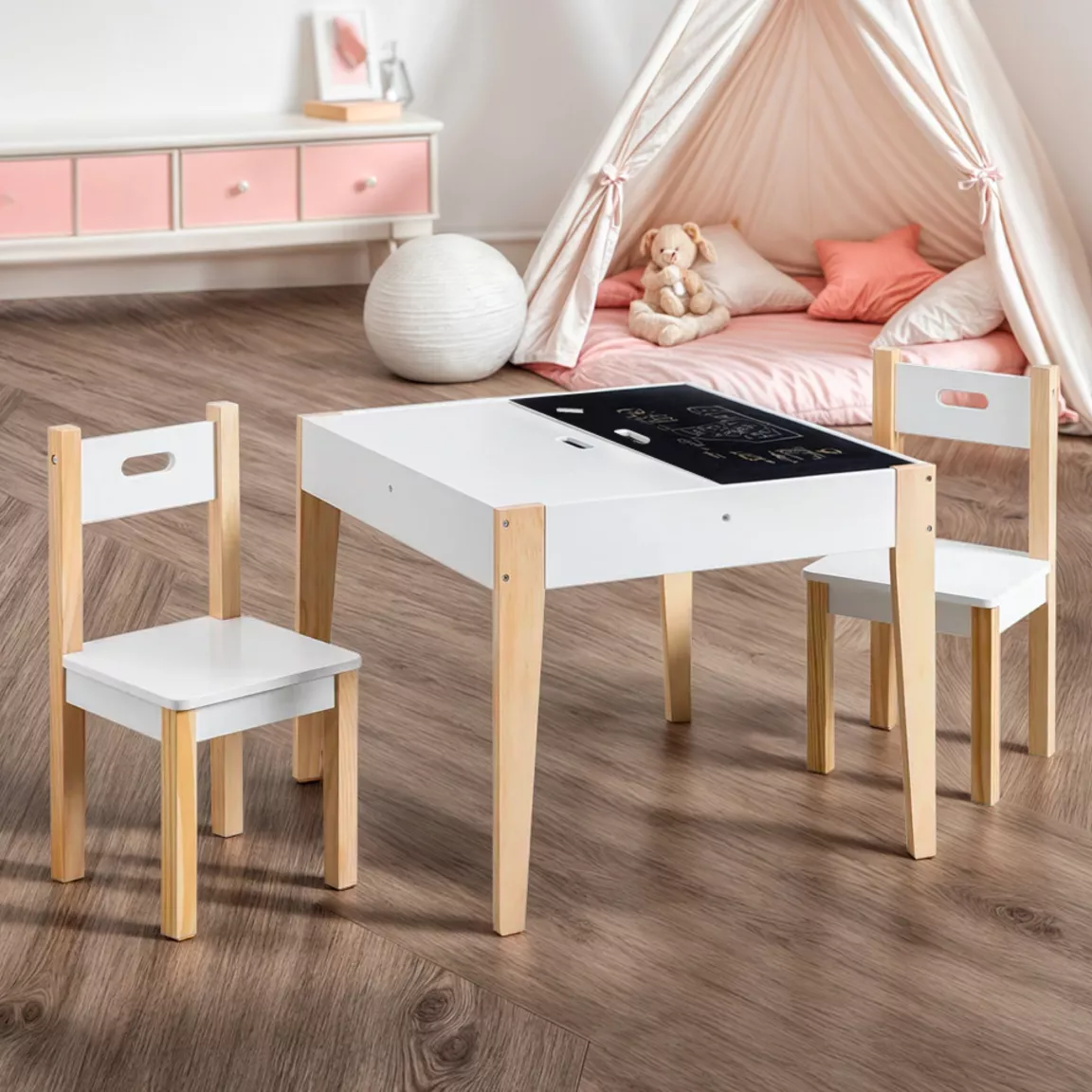 Table et 2 chaises enfant bois tableau (H49,5 cm) Charlie Blanc