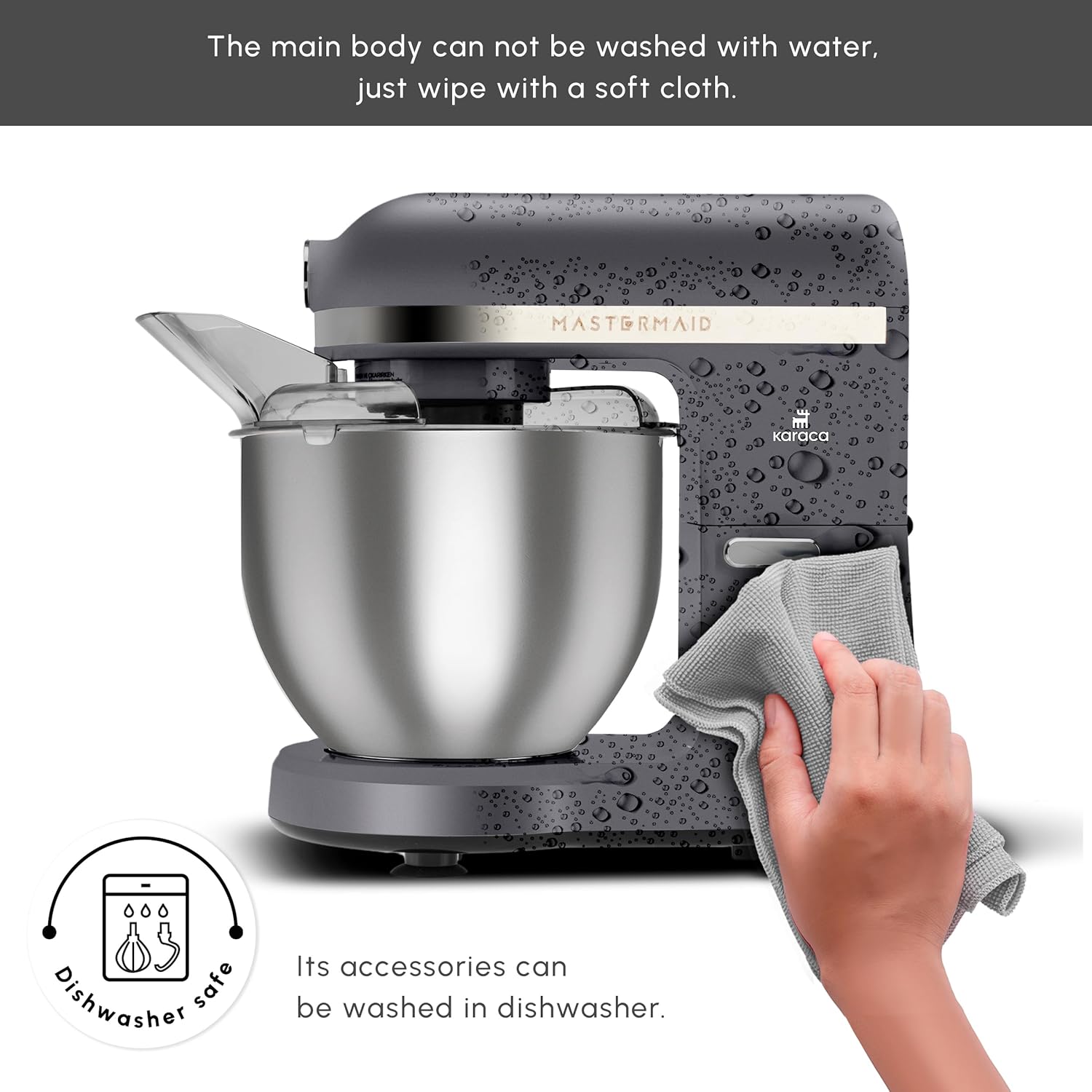 Karaca Mastermaid Chef Pro Standmixer - 1500W Elektrische Standmixer zum Backen, Teig - Antihaft 5L Schüssel, Knethaken, Schneebesen, 6-Gang, Space Grey