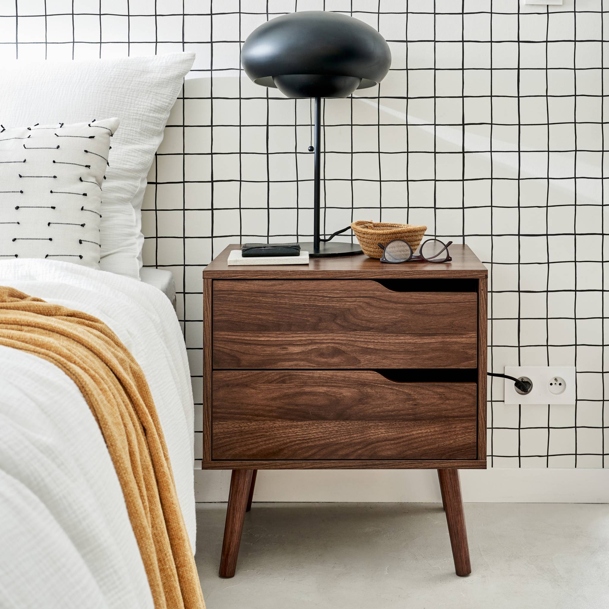 sweeek - Nachtkastje, walnoot gebeitst houtdecor, 2 laden