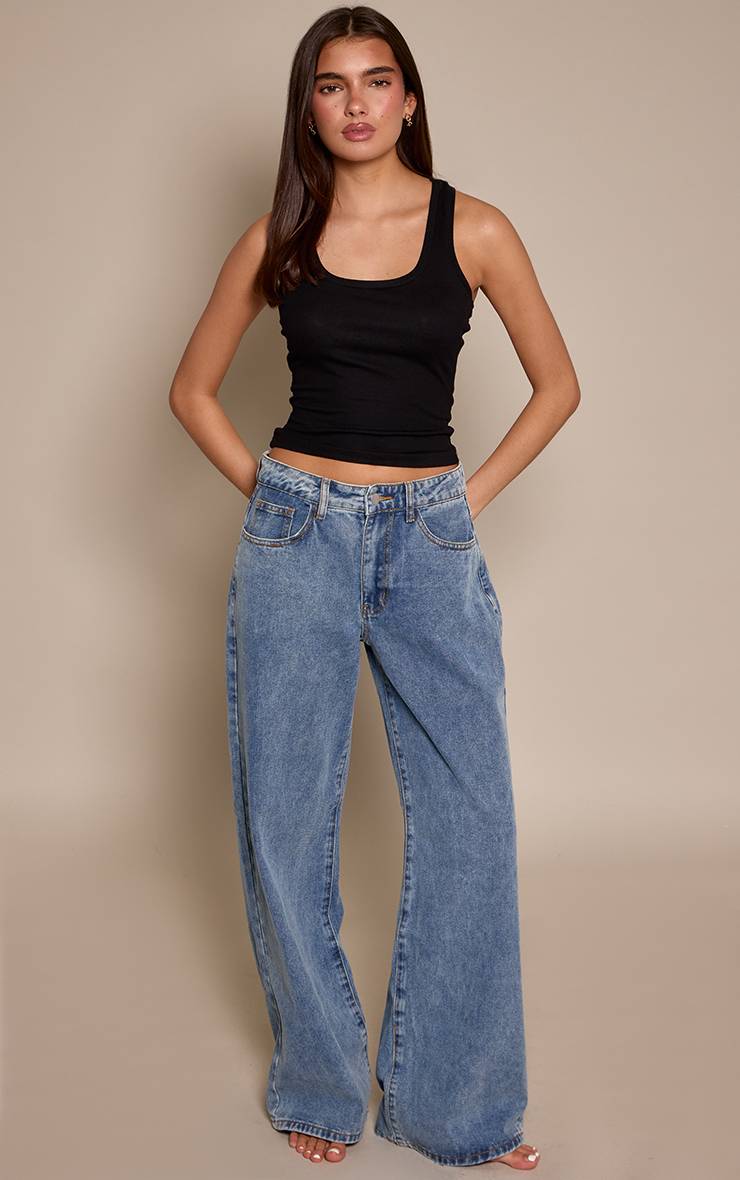Délavage Vintage Jean Large Taille Haute À Surpiqûres Contrastantes