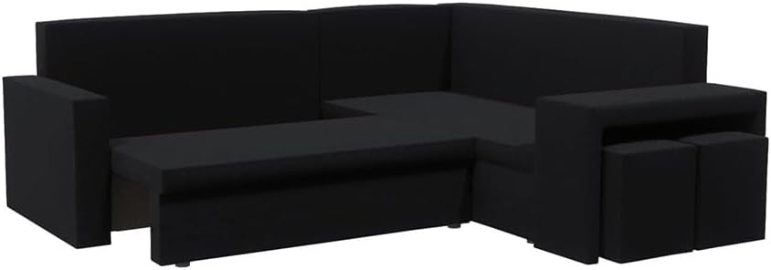 Kris L Ecksofa mit Schlaffunktion und Bettkasten, 220 × 203 cm L-Form Sofa, ausziehbar mit hochelastischem Schaumstoff und solidem Rahmen, Set mit 2 Hockern (Basic, Schwarz)