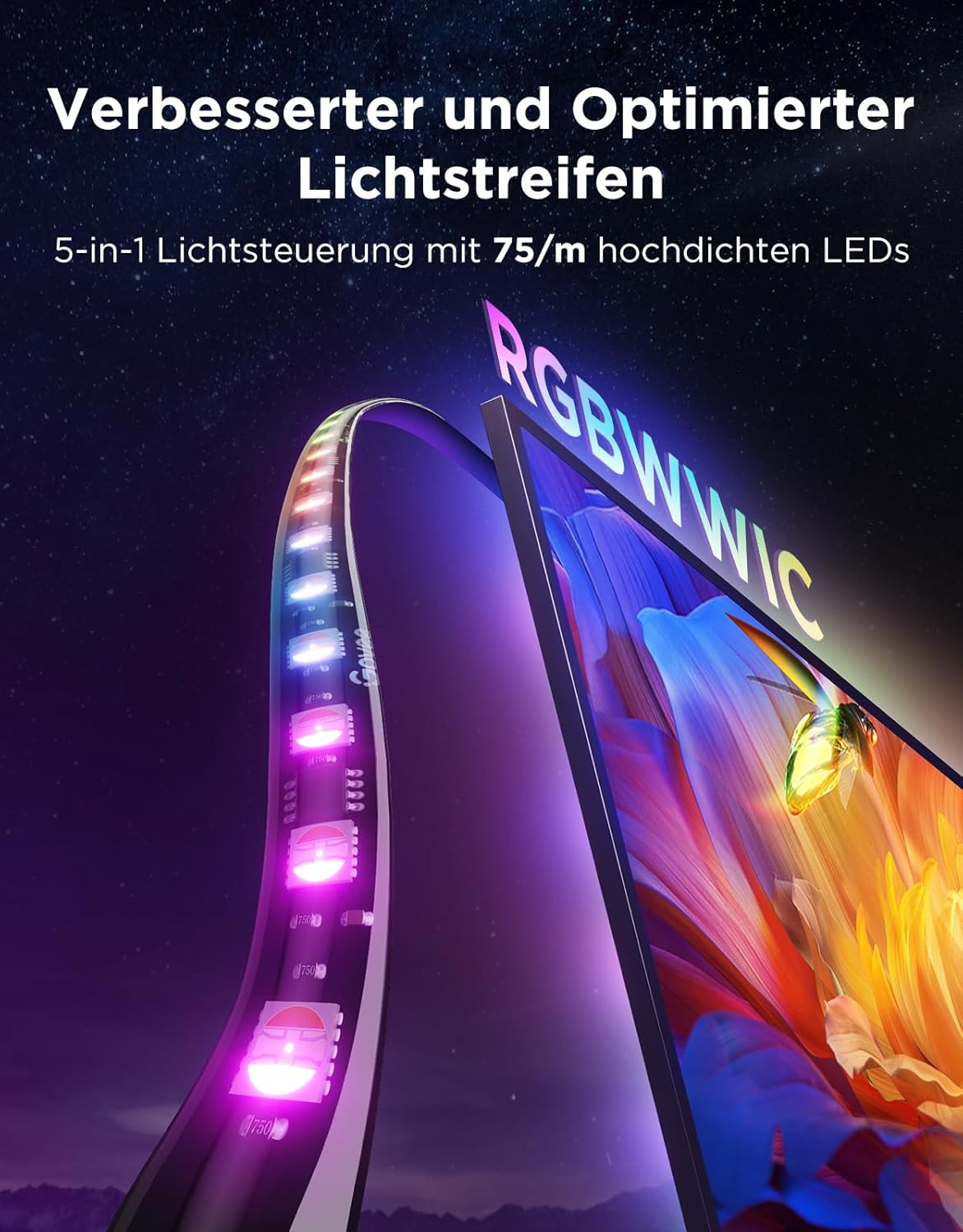 Govee TV Hintergrundbeleuchtung 3 Pro mit HDR-Dreifachkamera, 3,6M 5 in 1 RGBWWIC TV LED Streifen für 55–65 Zoll TVs, 75 LEDs/M, Unterstützt AI-Filter, Sprach- & APP-Steuerung DreamView Sync