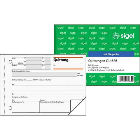 Sigel Quittungen QU625 A6 quer, mit Blaupapier, 1. Blatt bedruckt, Blatt 2 Blanko, 2x 50 Blatt