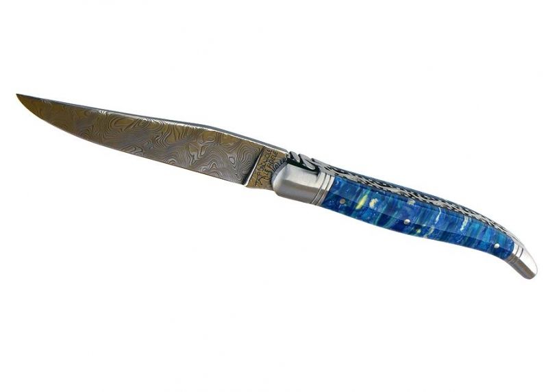 VENDU - Couteau Laguiole avec un manche en molaire de Mammouth teintée bleu