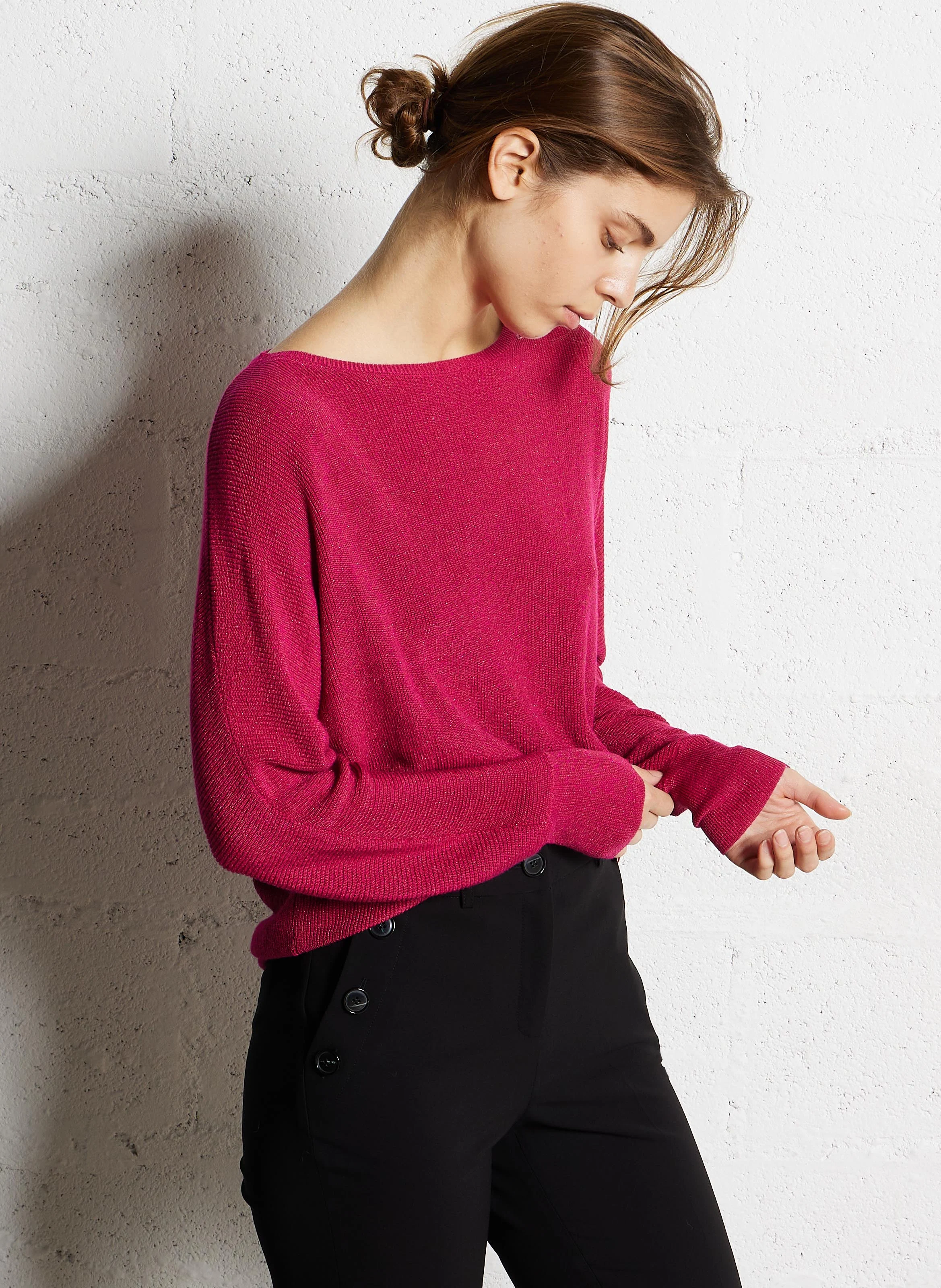 MACARENY - Pull droit col bateau en maille lurex | Rouge