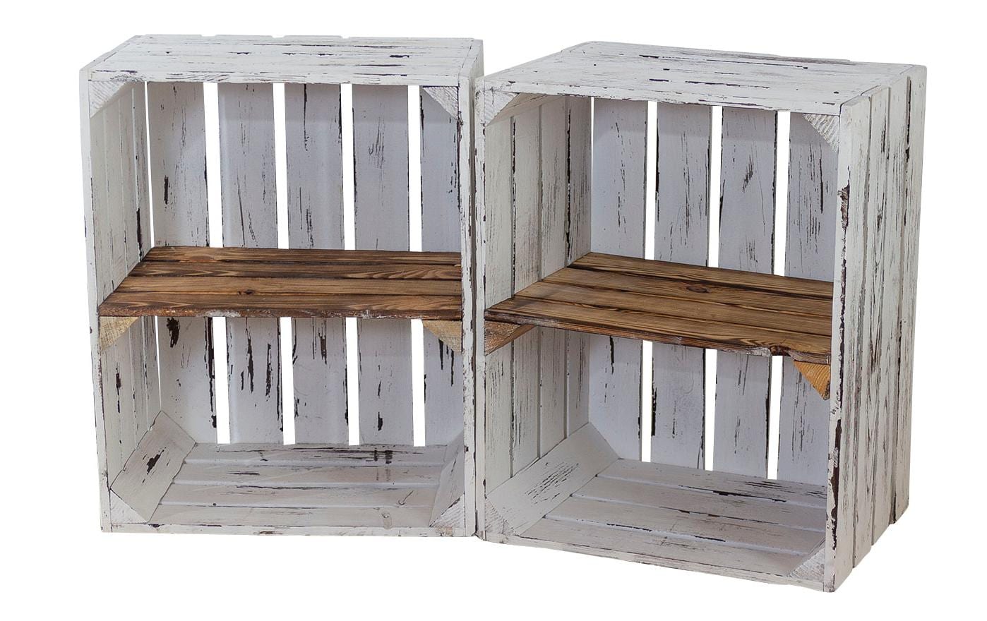 Holzharasse mit Zwischenboden Weiss, geflammtRegalkiste mit Tablar