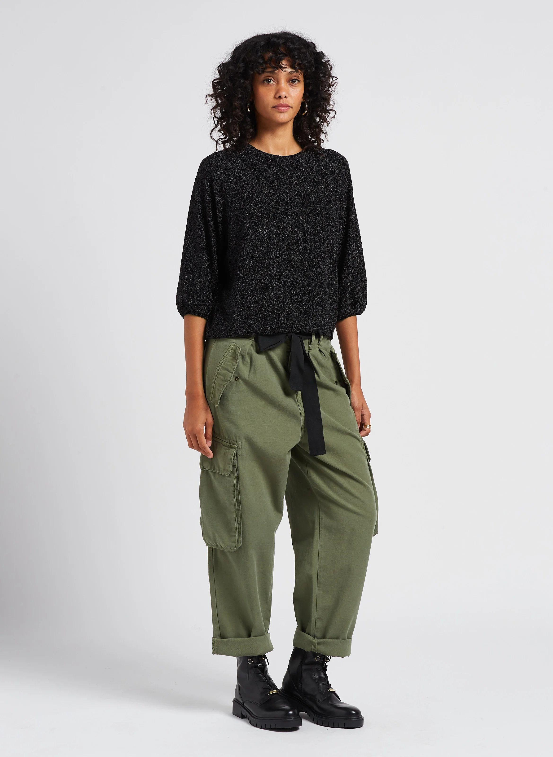 AMBROISE - Pantalon treillis taille haute en coton | Vert