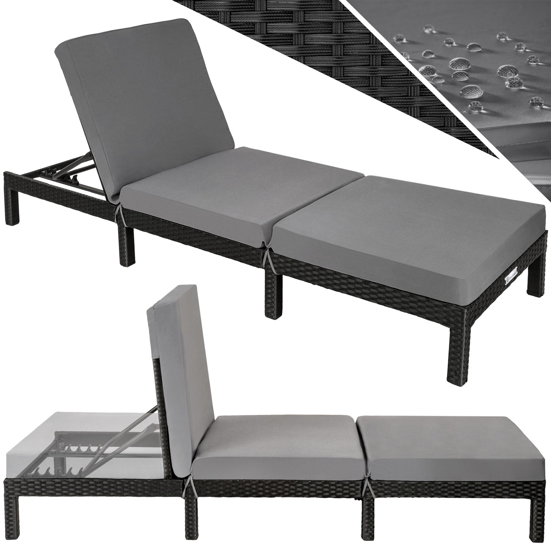 tectake® Rattan Sonnenliege, widerstandsfähig, 6-fach verstellbare Rückenlehne, 196 x 66 x 27 cm