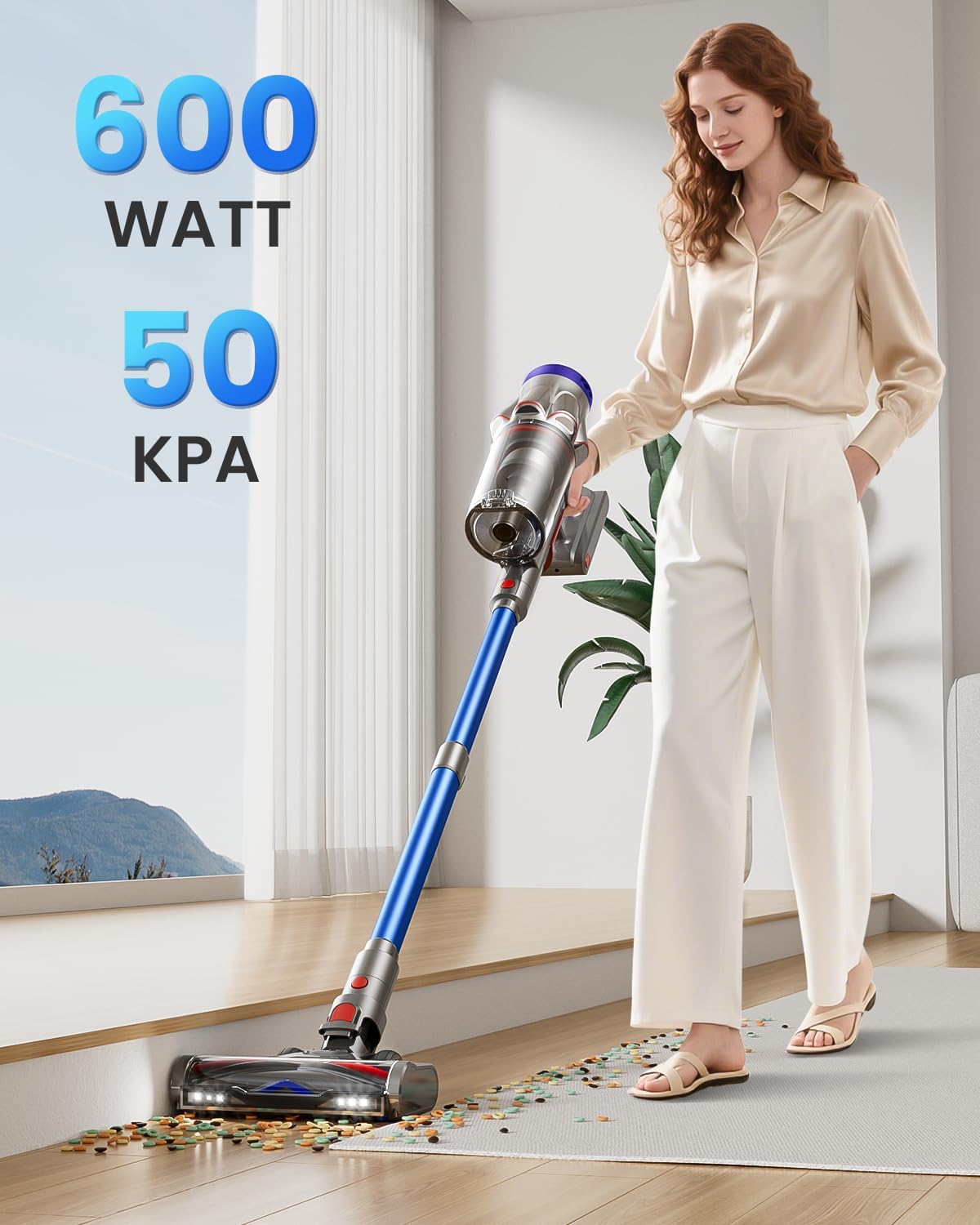 Akku Staubsauger 50000Pa/600W/65Min, 1,8L Staubsauger Kabellos mit Staubabstreif-Funktion, Anti-Tangle-Bürste, 8-Fach-Filtration Akkustaubsauger Selbststehend für Teppiche/Tierhaare/Hartböden
