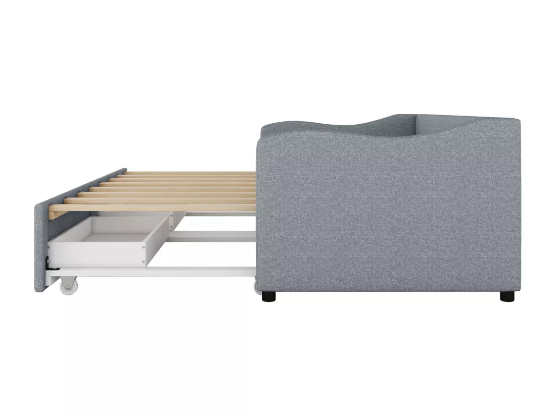 Lit gigogne 90/180 x 200 cm avec 2 tiroirs - tissu en lin - gris (sans matelas)