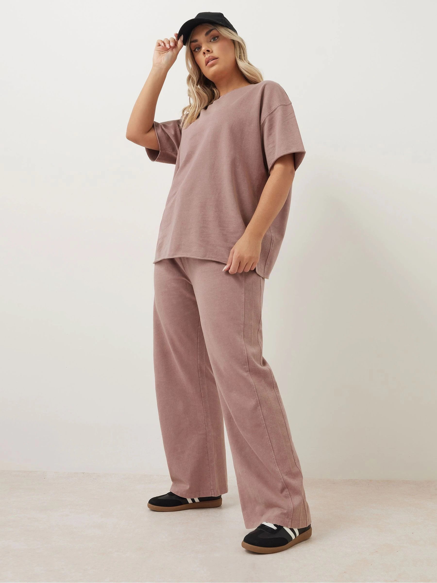 Roze - Yours Curve 100% Cotton Acid Wash Wide Leg Joggers