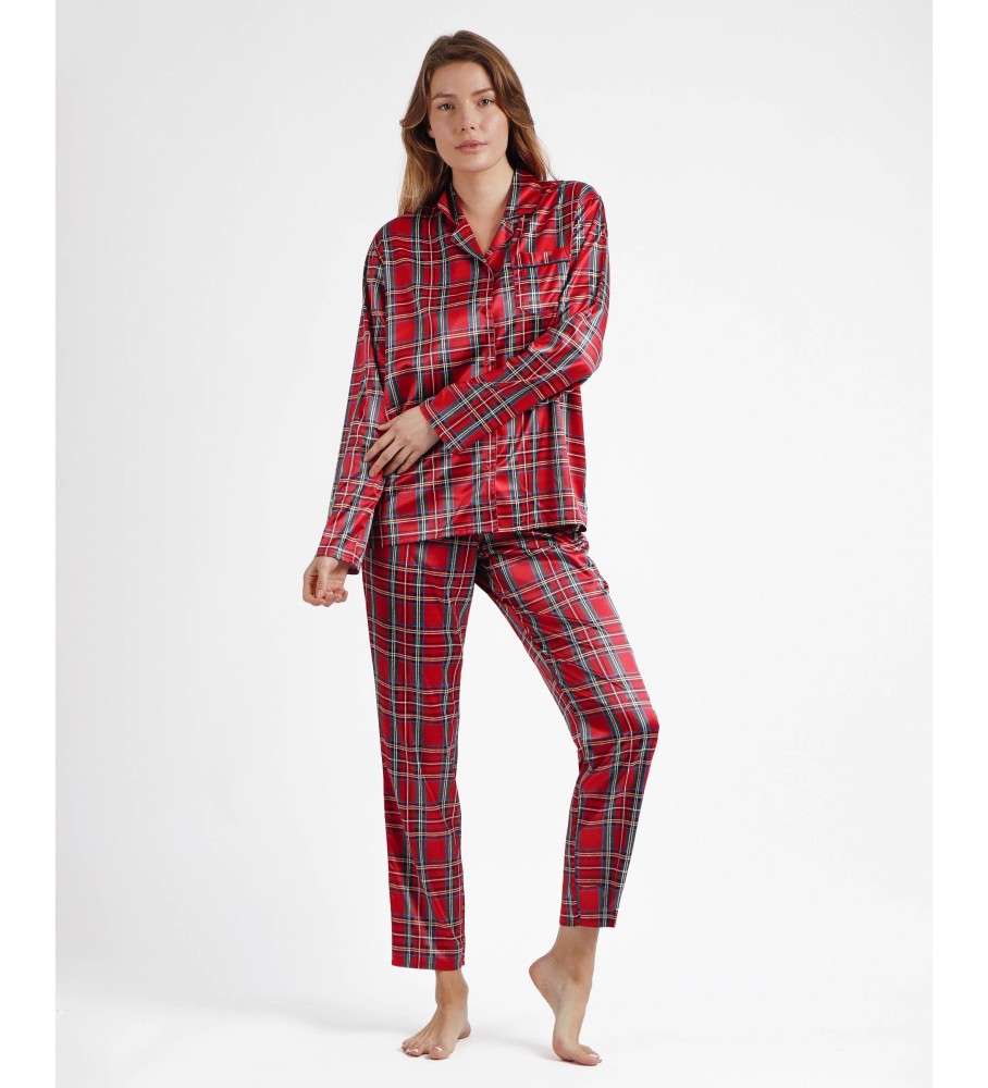 Pijama vermelho Admas de manga comprida e estilo escocês.