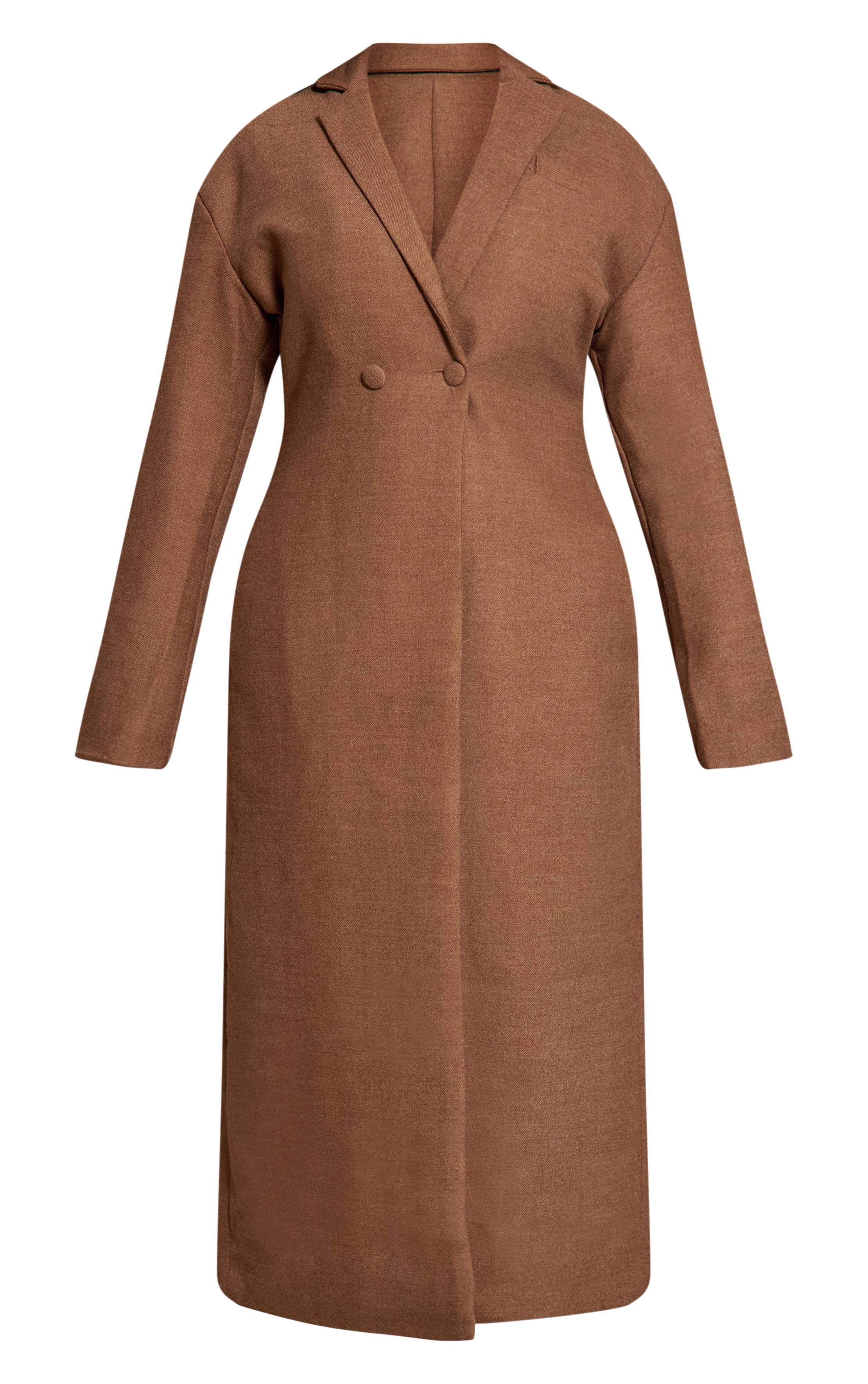 Chocolat Manteau Blazer Long Cinché À La Taille Effet Laine Shape