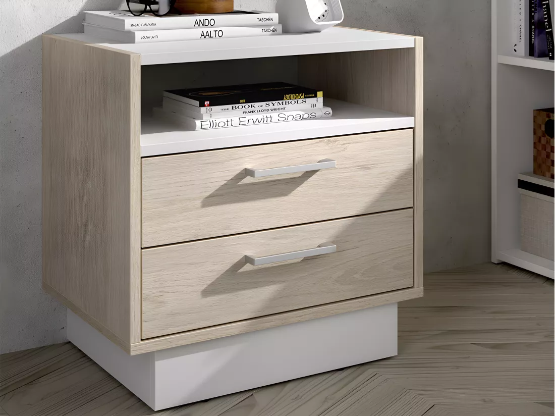 Lit avec tête de lit rangements et tiroirs - 160 x 200 cm - Coloris : Naturel et blanc + Chevets - LEANDRE