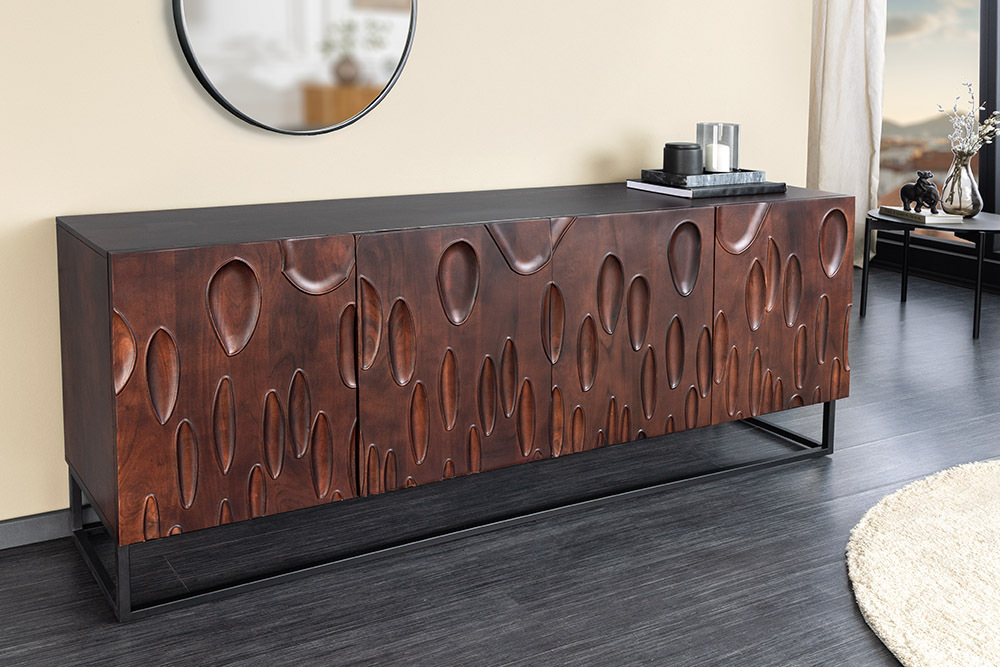 Massives Sideboard DUNE 175cm walnuss-braun Akazienholz 3D-Design schwarz Metall