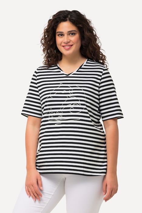 Shirt, Ringel, Metallic-Tier, V-Ausschnitt, Halbarm