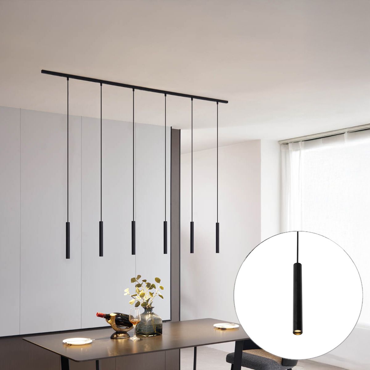 Modern railsysteem met 6 hanglampen zwart 1-fase - Slimline Keno