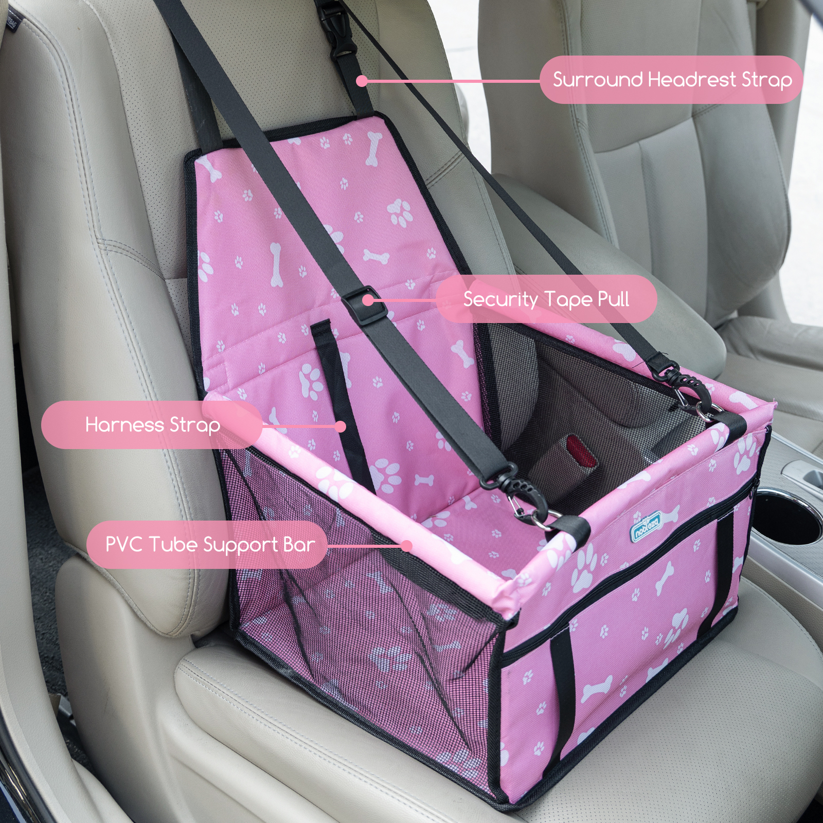 Nobleza - Assento Elevatório para Carro para Cães, Assento de Segurança para Animais de Estimação para Cães e Gatos, Dobrável, Bolsa de Viagem Lavável e Outros Animais de Pequeno Porte com Bolso com Zíper, 40 * 34 * 25 cm, Rosa