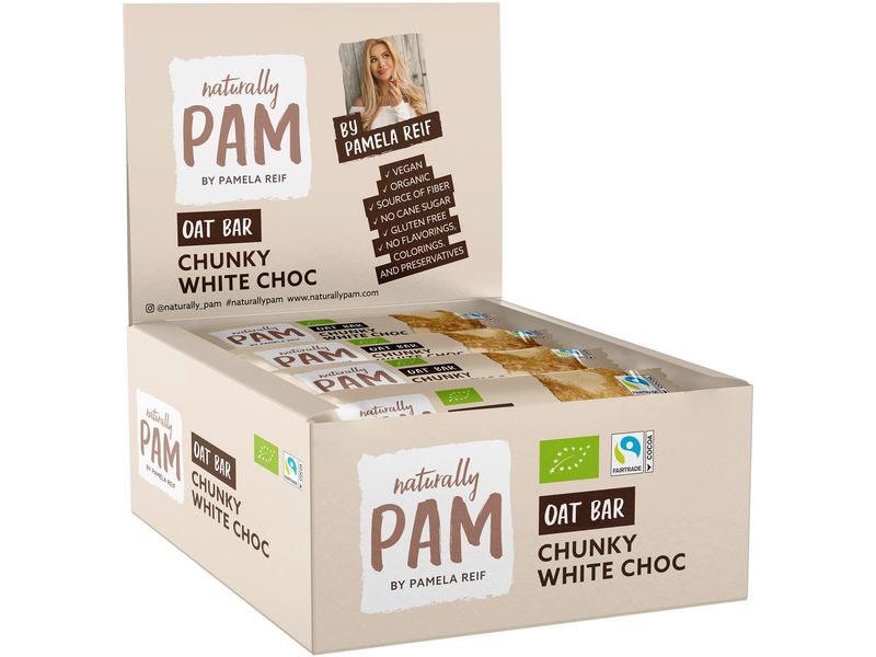 Naturally Pam Riegel Bio Oat Bar – Chunky White Choc 12 x 4 Bio-Haferriegel mit weisser Schokolade