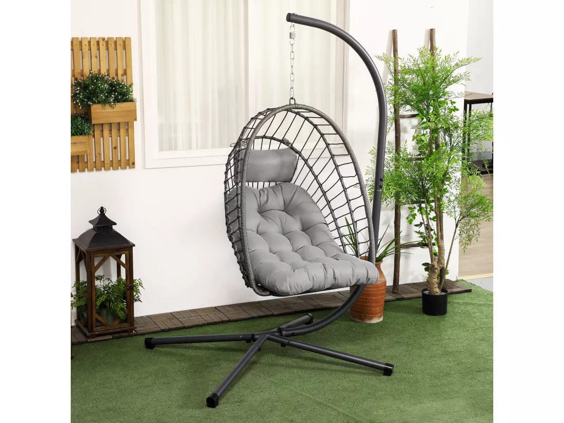 Fauteuil suspendu de jardin pliable avec matelas métal résine gris