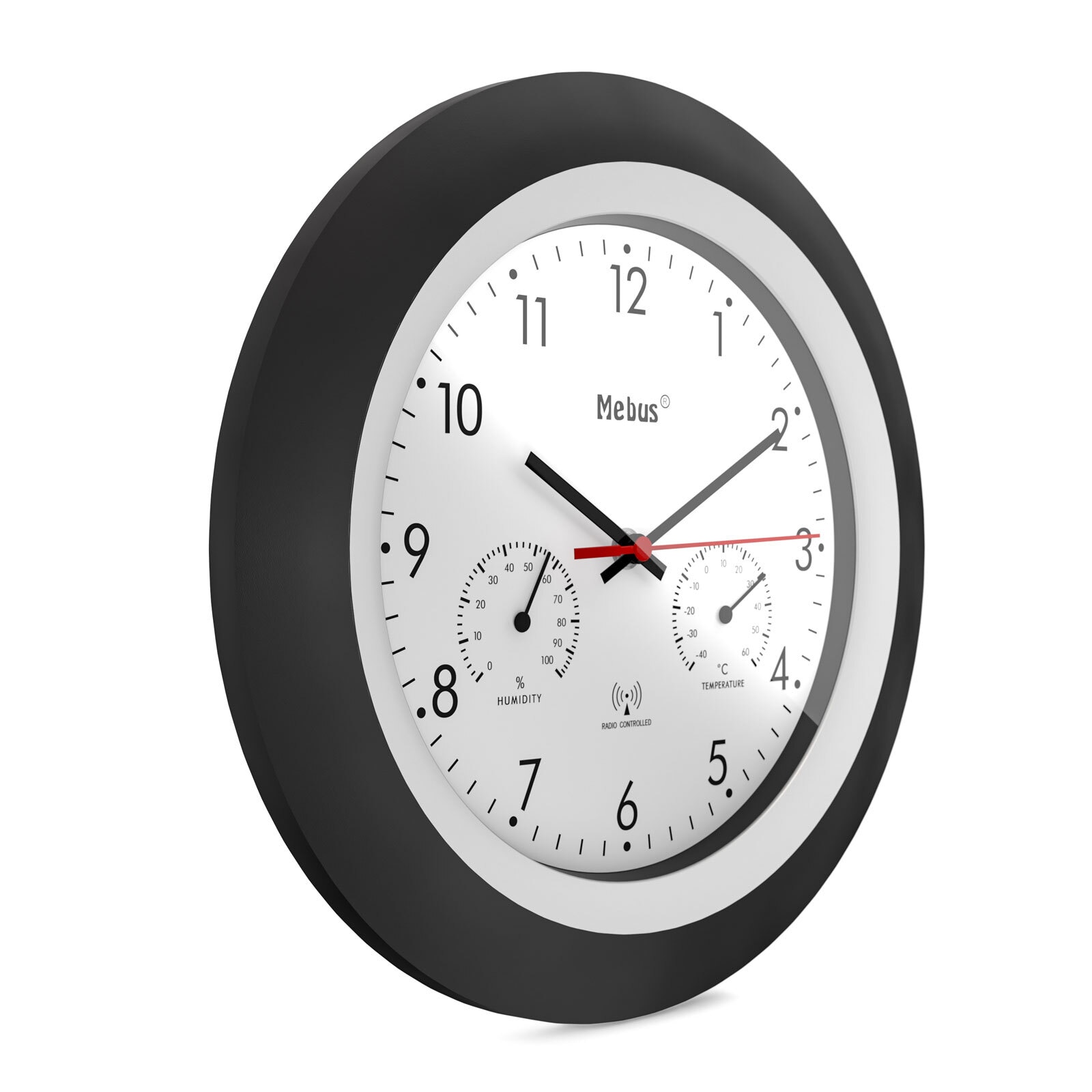 Mebus Funk-Wanduhr mit Thermo- und Hygrometer 30 cm schwarz/silberfarbig