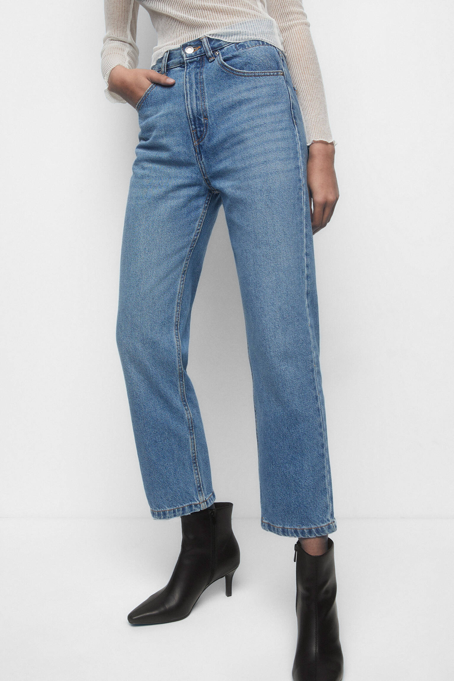 Calça jeans reta de cintura alta com elástico - azul médio
