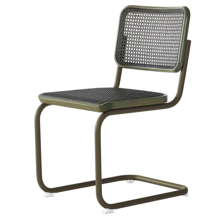 Thonet - S 32 V Stuhl, salbeigrün / Eiche gebeizt / Rohrgeflecht mit Kunststoffstützgewebe dark melange