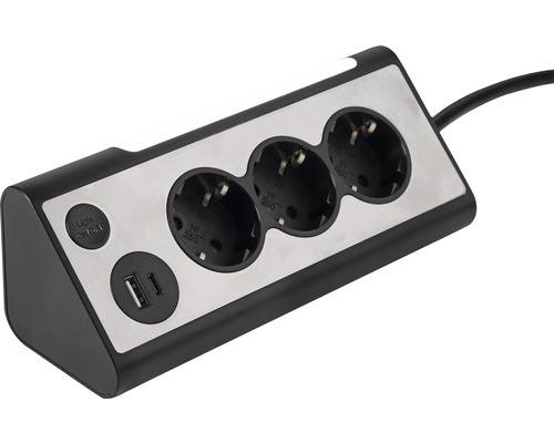 Drievoudig stopcontact met 1x USB-A-poort en 1x USB-C-poort, 1,5 m kabel met schokbescherming, zwart/zilver