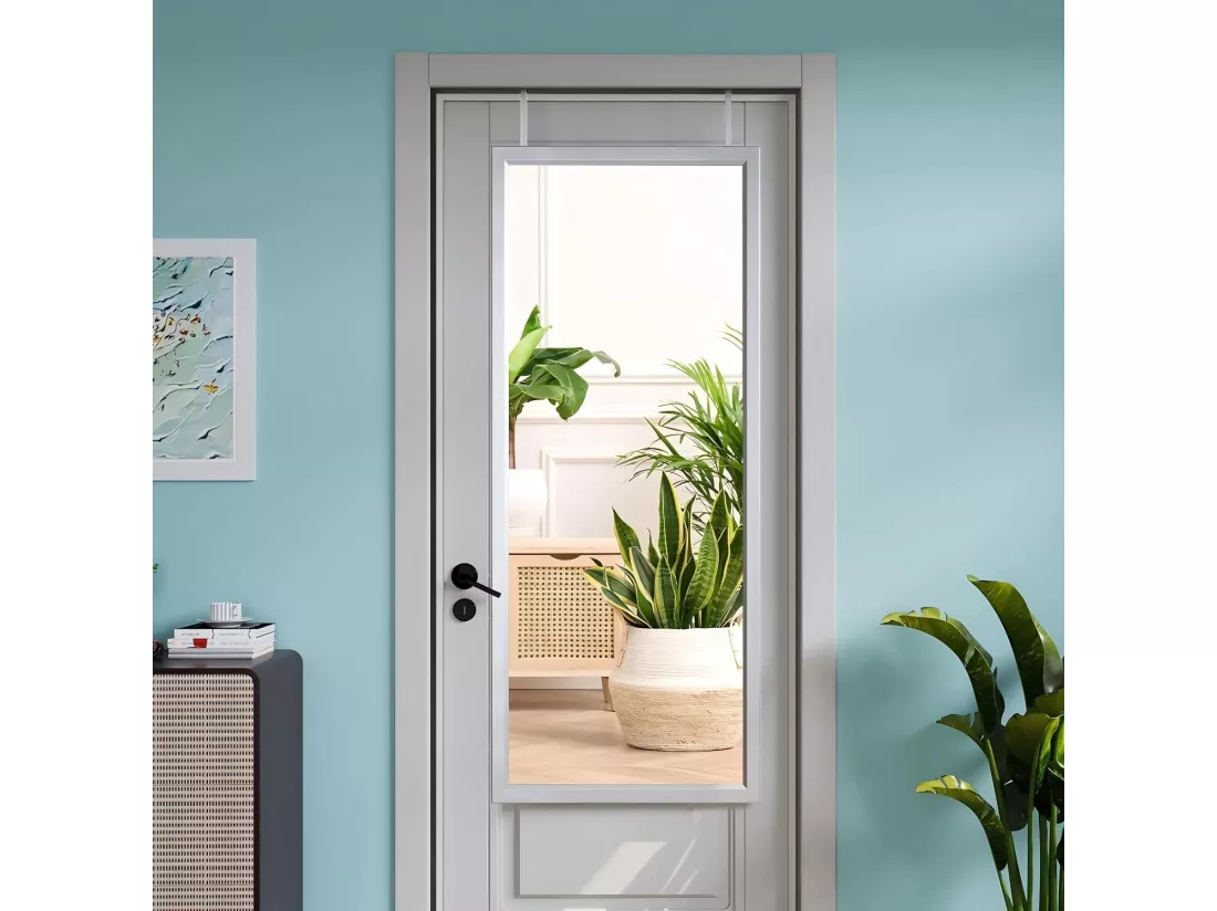 Miroir Porte Mural Suspendu 110x33cm,Miroir Pleine Longueur en Verre Trempé avec 2 Crochets de Suspension pour Porte,Hauteur Réglable - Blanc