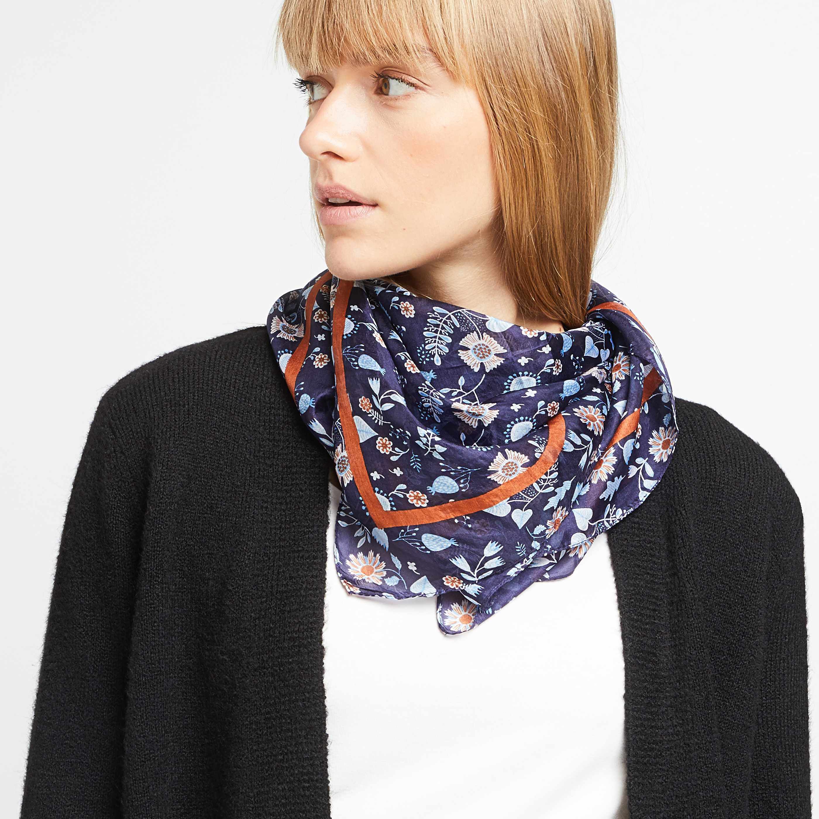 Foulard soie imprimé fleuri femme - MARINE