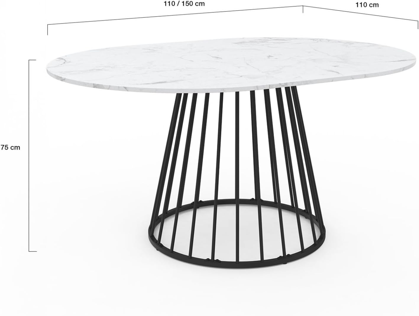 IDMarket - Ausziehbarer runder Esstisch YUNA 4-8 Personen Tischplatte Marmoreffekt weiß Alaska und schwarz 110-150 cm