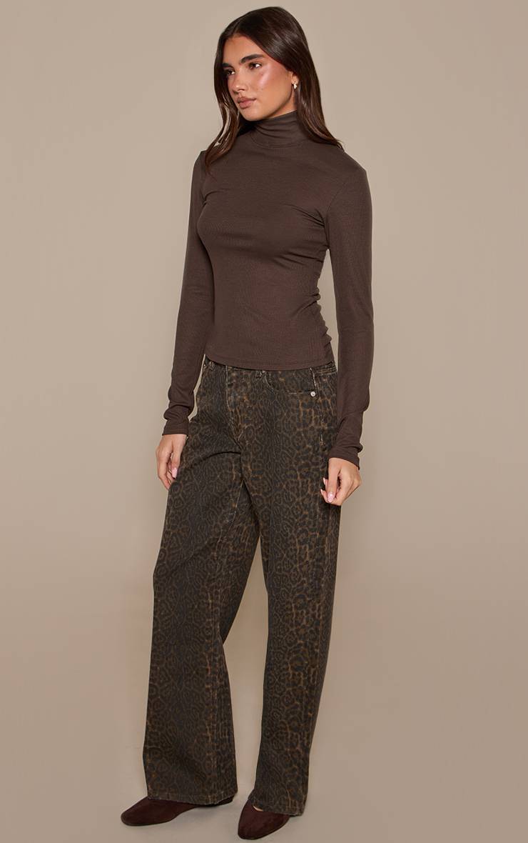 Marron Jean Large Taille Mi-haute Imprimé Léopard