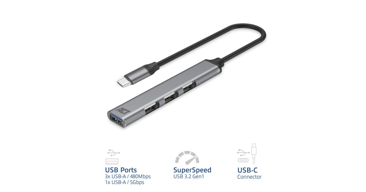 ACT ConnectivityUSB-C hub, 3x USB-A 2.0 en 1x USB-A 3.0 usb-hub  (Aluminium)