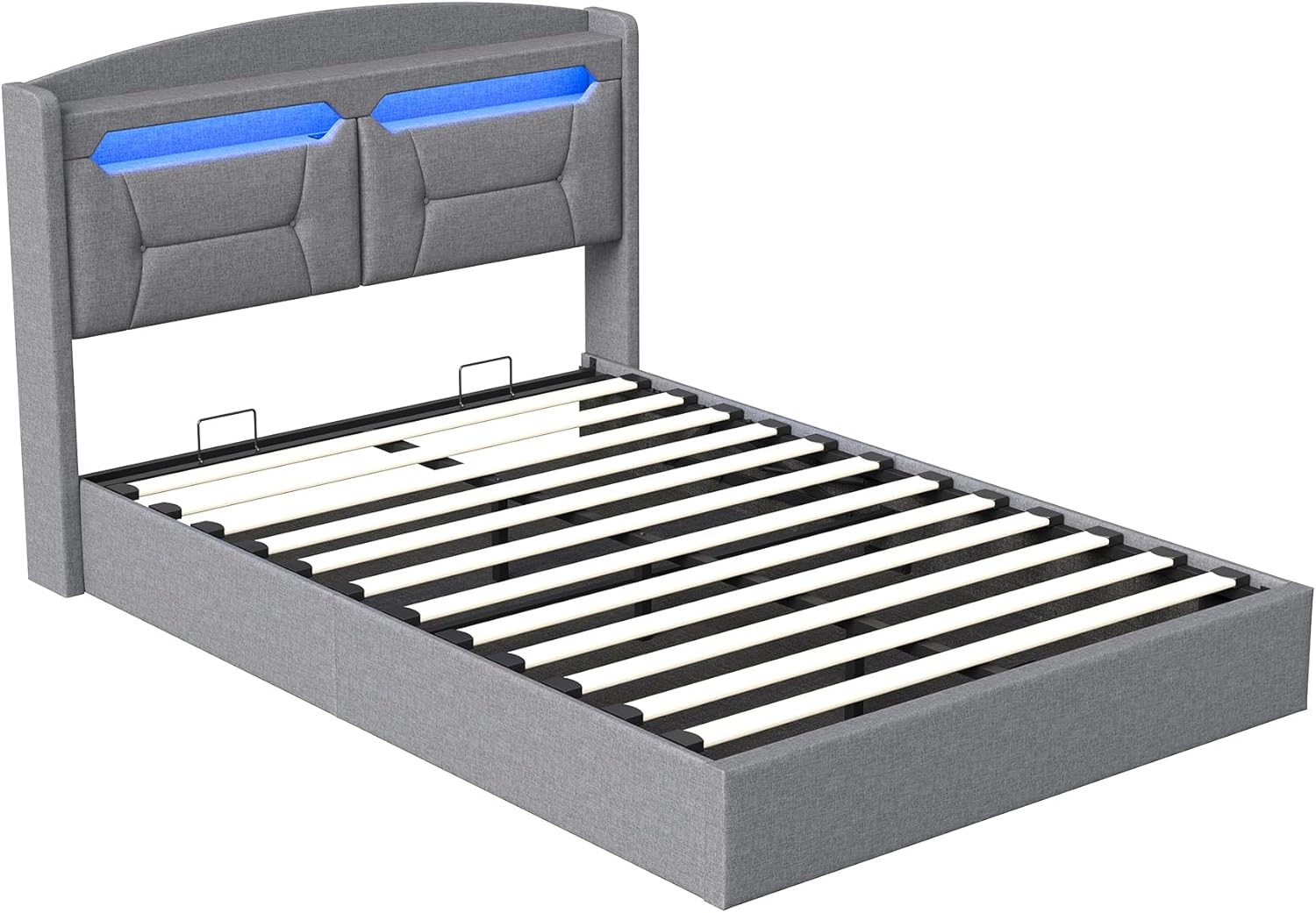 Polsterbett Doppelbett 140x200, LED Jugendbett Hydraulisch Bett mit Stauraum, LED-Kopfteil mit USB Typ-C & Staufach, Boxspringbett Bettgestell mit Lattenrost, Linen, Hellgrau, Ohne Matratze
